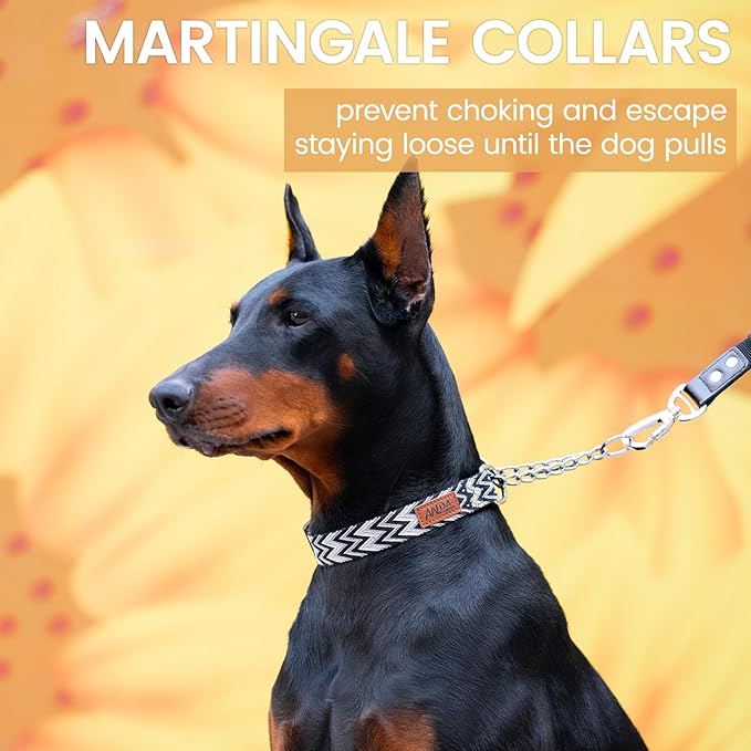 ANDA Martingale Collar for Dogs, Adjustable with Reflective Stainless Steel Chain, No-Pull Escape-Proof Training Collar for Medium and Large Breeds (Chevron Black Chain Style, Medium)