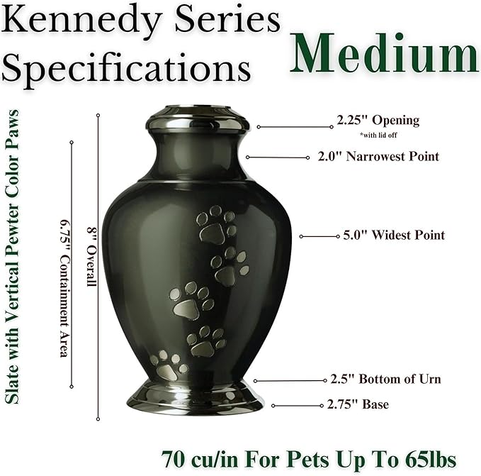 Kennedy Paws Series Pet Urn for Dogs, Handmade Aluminum Memorial Cremation Urn (Medium - Pets up to 65 lbs, Slate)