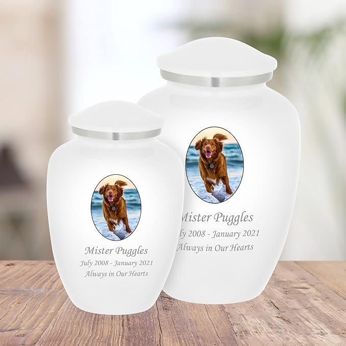 Homage Medium Custom Photo Pet Cremation Urn for Pet Ashes - Vase Style Pet Urn - 80 Cubic Inch Capacity - Personalization Included (White)