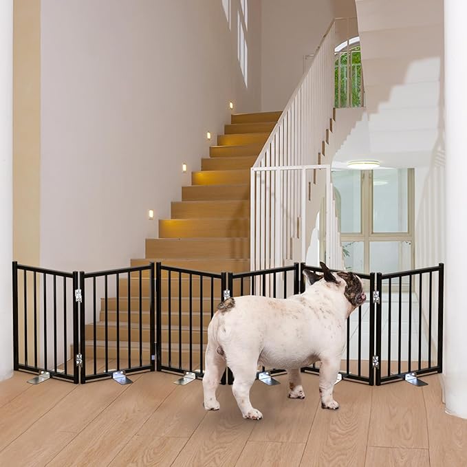 No Pawblems Free Standing Short Dog Gate, 16.5'' Tall Foldable Dog Fence for Indoor & Outdoor, Up to 72 Inch Extra Wide Puppy Gate for Stairs, Hallways, Doorways, Deck, Yard (Black, 6 Panels)
