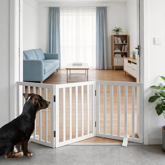 ZJSF Freestanding Indoor Dog Gate for House Foldable Wood White Puppy Gate for Doorways Pet Gate for Stairs Extra Wide Pet Fence 24" Height 3 Panels