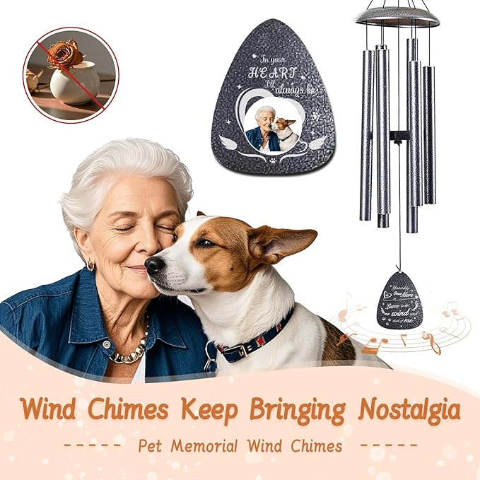 Pet Memorial Wind Chimes - Remembrance and Bereavement Gift for Loss of Dog/Cat with Metal Rose Card, 26" Thicker Aluminum Tubes(0.75") Weatherproof Outdoor Keepsake for Garden