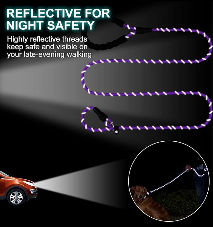 TagME Slip Leads for Dogs that Pull, 6 FT No-Pull Training Leash with Lock, Escape-Proof Design, Reflective & Padded Handle for Medium Dogs, Purple