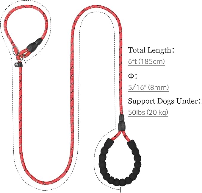 TagME Slip Leads for Dogs that Pull, 6 FT No-Pull Training Leash with Lock, Escape-Proof Design, Reflective & Padded Handle for Small Dogs, Red