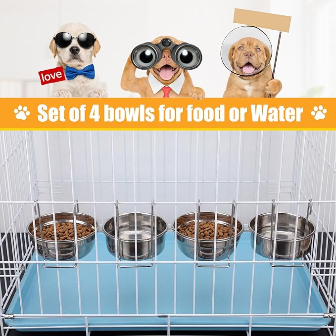 Zhehao 4 Pack Hanging Dog Water and Food Bowls for Kennel Cage, No Spill Dog Crate Water Bowl, Stainless Steel Bowls Dish for Dogs Crate Cage Accessories (35oz & 50oz & 65oz)