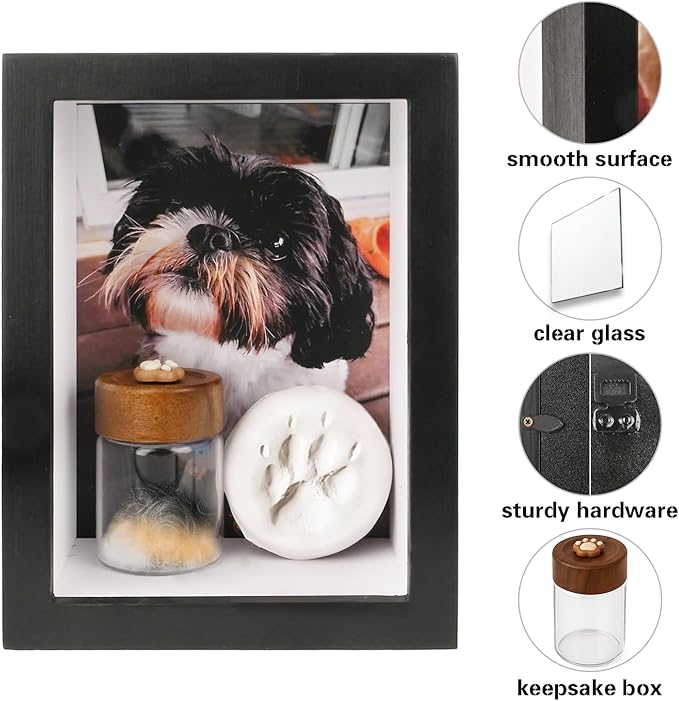 Dog Memorial Shadow Box Frame 5x7 with Paw Print Kit and Fur Keepsake Box Small Pet Memorial Frame Box for Dogs and Cats that Passed Pet Death Sympathy and Remembrance Gift for Pet Owners