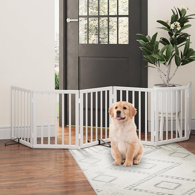 Dog Gate, Freestanding Dog Gates for Doorways, Foldable Dog Gate Indoor, Pet Gates for Doorways Bedroom, Puppy Gate with Metal Support Feet, Room Divider 6 Panels (White)
