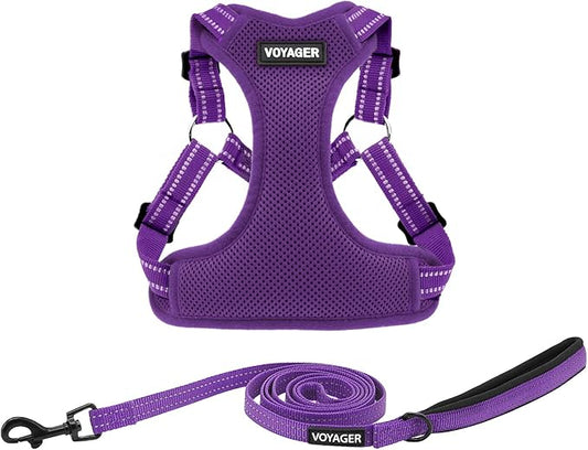 Best Pet Supplies Voyager Mesh Dog Breathable Harness Reflective Stitching, All Weather Adjustable for Walking Training, or Running - Heavy Duty & Durable, Harness Leash Set (Purple), XS