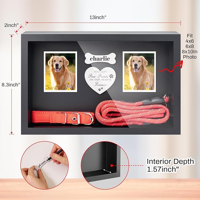 Dog Memorial Gifts for Loss of Dog, Pet Memorial Dog Picture Frame 13" Wooden Shadow Box Display with Collar & Leasd Holder, Sympathy Gift for Loss of Dog/Cat, Wall Hanging & Tabletop (Dark Grey)