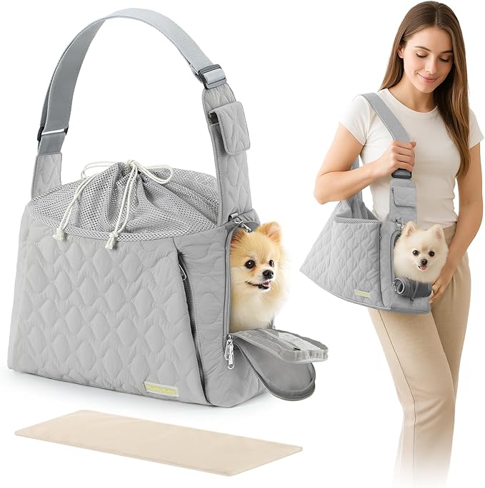 Dog Carrier Sling for Small Dogs, Front Cat Sling & Cats Up to 15 lbs, Dog Purse with Adjustable Strap Front Zipper Pocket, Double Safety Feature, Hands Free for Travel