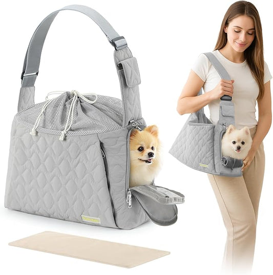 Dog Carrier Sling for Small Dogs, Front Cat Sling & Cats Up to 15 lbs, Dog Purse with Adjustable Strap Front Zipper Pocket, Double Safety Feature, Hands Free for Travel