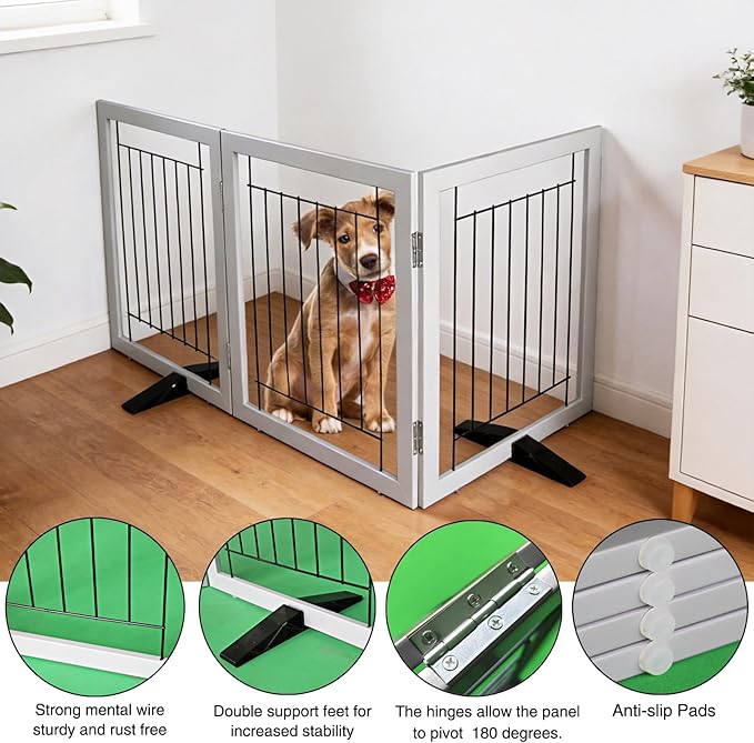 ZJSF Freestanding Dog Gate Indoor, Foldable Dog Fence for Doorways,Hallways or Stairs, Sturdy Wood Extra Wide Pet Gate with Support Feet,Grey,24 "Height-3 Panels