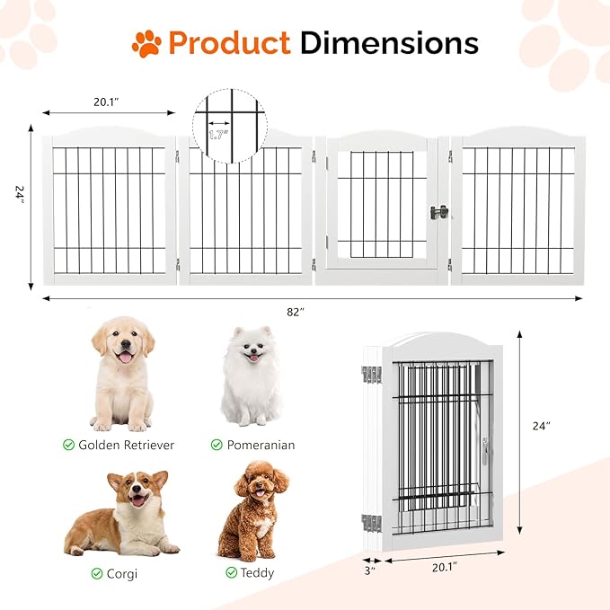 VINGLI Freestanding Dog Gate with Door, Pet Gate with Walk Through Door, Foldable Pet Safety Fence for Stairs Doorways Fireplace (24" H - 4 Panels)