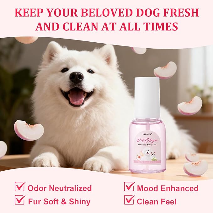 Premium Pet Cologne, White Peach & Oolong Tea Dog Perfume, Sweet Scent Long-Lasting Fragrance, Alcohol-Free Grooming Spray for Dogs and Cats, 2.37 fl oz