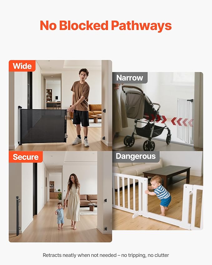 VEVOR Retractable Baby Gate, Extends to 56.3 inch Wide, 31.3 inch Tall, with Security Lock, Easy to Use, Walk Through Without Tripping, Mesh Dog Gate for Stairs, Hallways, Indoor/Outdoor, Black
