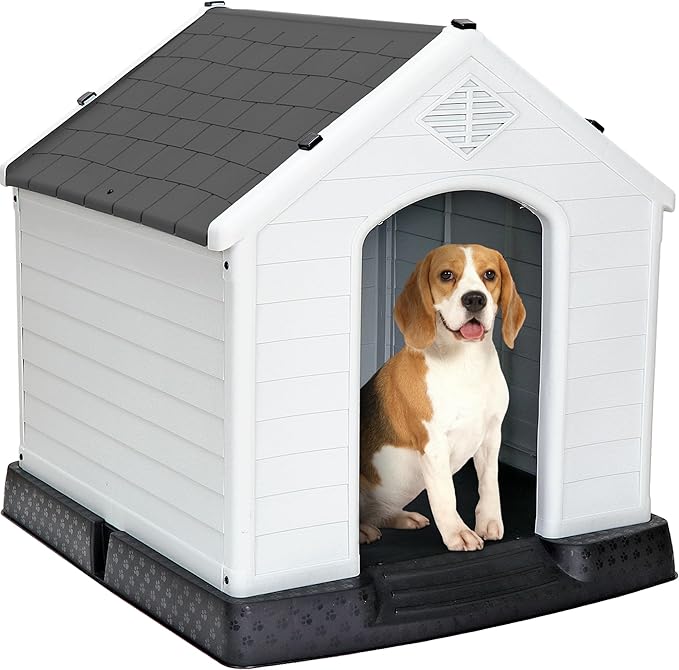 Large Plastic Dog House Indoor Outdoor Doghouse Dog Kennel Easy to Assemble Puppy Shelter with Air Vents Elevated Floor Waterproof (Grey, 28inch)