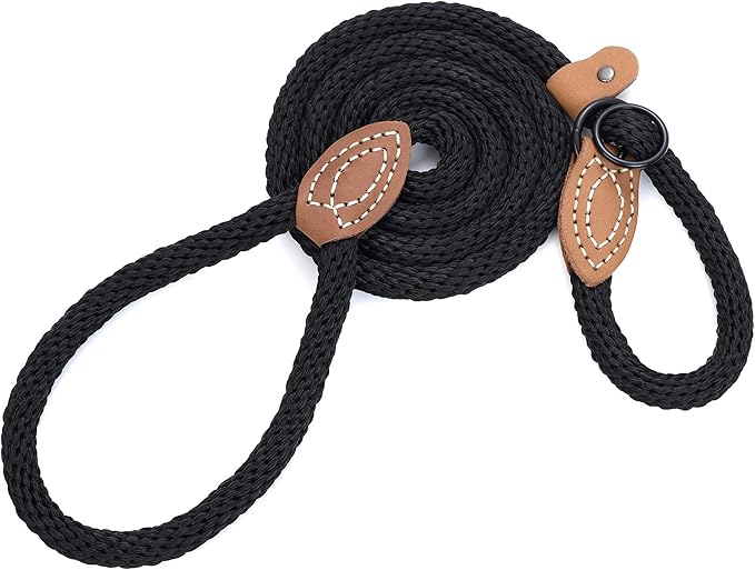 Mile High Life Slip Leads for Dogs | Heavy Duty Dog Training Leash | 5 Feet No Pull Slip Leashes w Leather Tip | Black Rope Lead for Dogs Outside