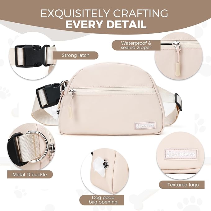 Dog Treat Pouch Pet Training Walking Fanny Pack with Built-in Poop Bag Dispenser & Waste Bag Holder | Stylish Puppy Training Essentials Supplies | Free Dog Clicker (Cream)