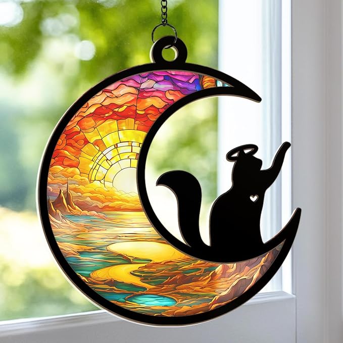 Cat Memorial Christmas Ornament, Memorial Window Hanging Suncatcher Ornaments, Black Cat Memorial Gifts for Loss of Cats, Pet Loss Sympathy Gift for Pet Lovers Women, Memorial Ornaments
