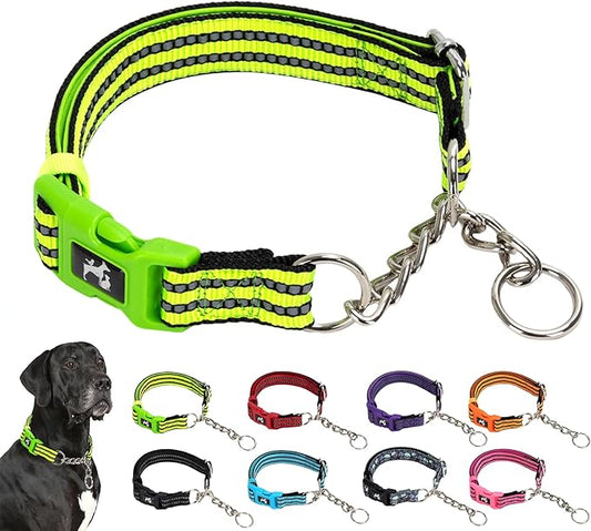 Green Reflective Martingale Dog Collar with Buckle- Night-Safe, Anti-Slip Training Collar Designed for Secure Walks - XL Dogs