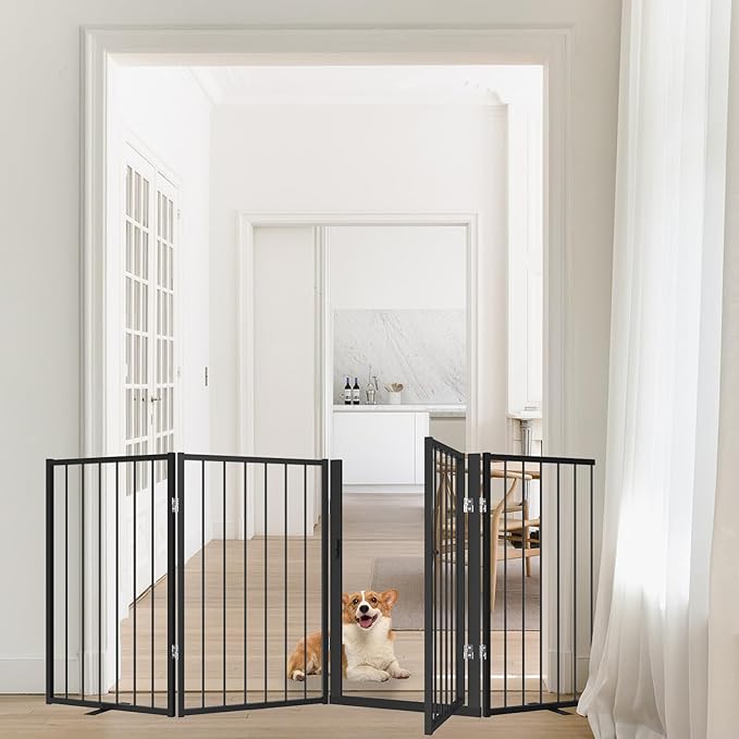 Metal Freestanding Dog Gate, Foldable Extra Wide 79", 32" Tall Large Opening Pet Gate for Indoor & Outdoor, Portable Dog Fence for Stairs, Doorways (Black, 4 Panels)