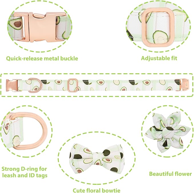 Dog Collar and Leash Set Adjustable Girls Puppy Floral Collars with Bow Tie for Small Medium Large Dogs(S, Avocado)