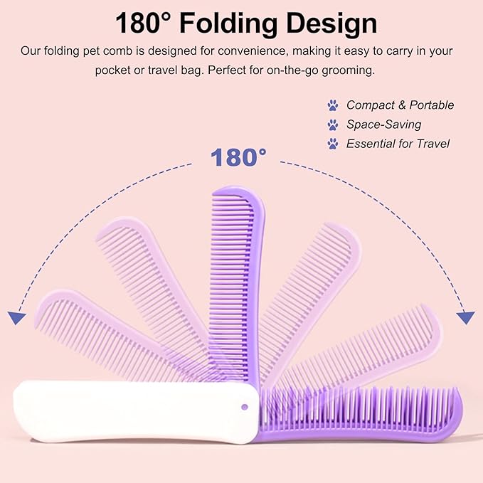 Foldable Dual-Head Puppy Brush, Small Dogs Interchangeable Combs Soft Bristles Portable Grooming Tool, Fit for Yorkie Shih Tzu Maltipoo Maltese (White and Purple)