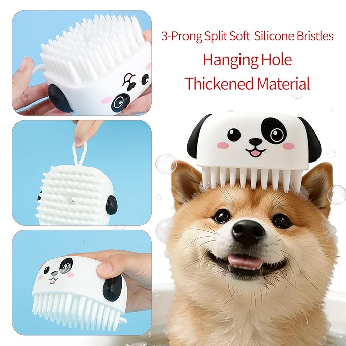 3PCS Pet Grooming Kit – Dog Bath Brush with Soap Dispenser & 2 Finger Toothbrushes | Silicone Dog Shampoo Brush for Dogs & Cats