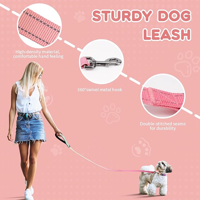 Roses&Poetry Pink Dog Collar and Leash Set for Medium Dogs, Adjustable, Reflective, Durable, 6 Feet