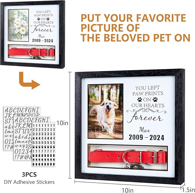10"x10"Pet Collar Memorial Shadow Box Dog Picture Frame, Cat or Dog Memorial Gift Pet Sympathy Remembrance Gift Keepsake for Multi Sizes Dogs