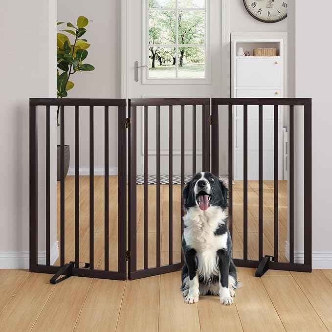 Semiocthome Freestanding Dog Gate 32" Tall, 3-Panel Foldable Dog Gates for Doorways Stairs House, Pet Gate Indoor with 2 Metal Stands, Espresso