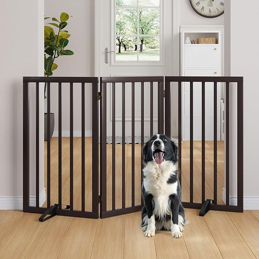 Semiocthome Freestanding Dog Gate 32" Tall, 3-Panel Foldable Dog Gates for Doorways Stairs House, Pet Gate Indoor with 2 Metal Stands, Espresso