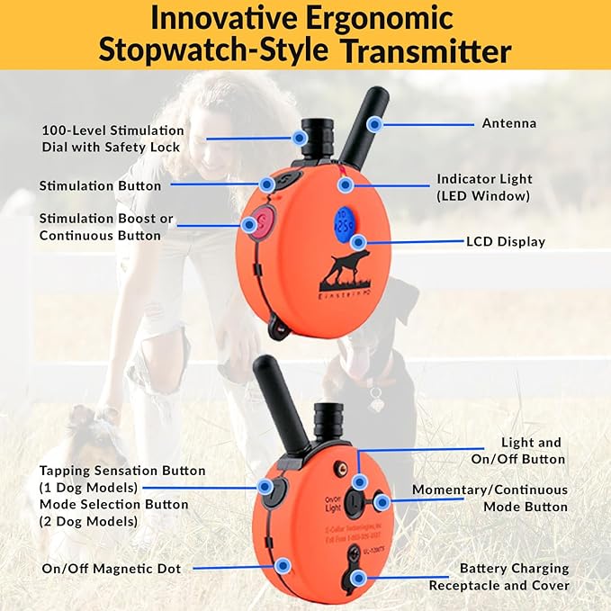 Educator E-Collar The Upland Dog Training Collar w/Remote - 100 Levels of Safe Stimulation, Night Light, Waterproof, Rechargeable, Includes Premium Finger Clicker for 1 Mile 2 Med/Large Dogs, Orange