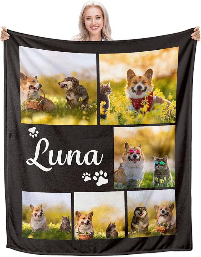 Custom Pet Blanket, Personalized Dog Blanket with Photo and Name, Customized Soft Flannel Blanket Gift for Pet Lover, Birthday, for Pet Animal Women Men Dog Lovers Memorial Gift
