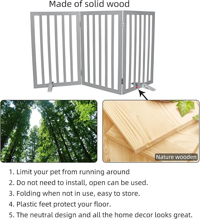 Dog Gate Indoor, Freestanding Dog Fence for The House, Doorways, Hallways,or Stairs,Pet Gate Foldable Wooden,Expandable 32" Height 3 Panels,Grey