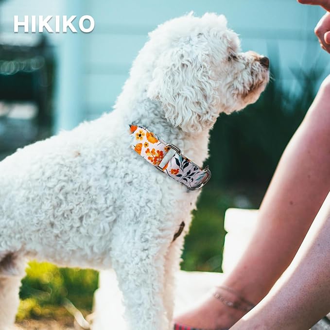 Hikiko Martingale Collar for Dogs with No Buckle Flower Dog Collars Comfortable Nylon Training Collar for Small Dogs,Retro Orange Flower,S