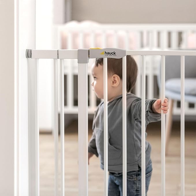 hauck Open N Stop Pressure Fit Baby & Pet Safety Gate w/ 8" Extension, Accommodates 37.8 to 39.75" Wide Home Doorway, Stairway, or Hallway, White