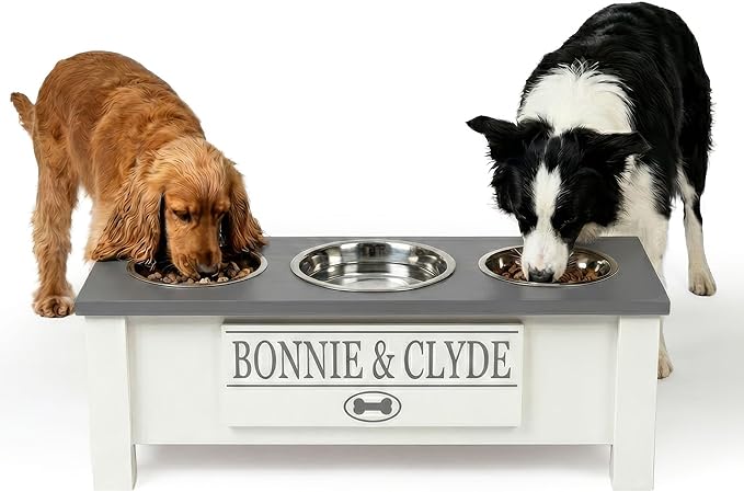 GTW Elevated 3 Bowl Dog Feeding Station - Customized Triple Stand for Medium Size Dog Breeds - Includes Storage & Stainless Steel Bowls (Medium, Grey)