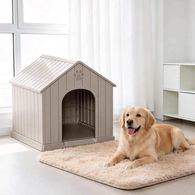 DRATO Indoor & Outdoor Dog Houses, Resin Material Dog House with Waterproof Roof and Raised Floor Design(Gray