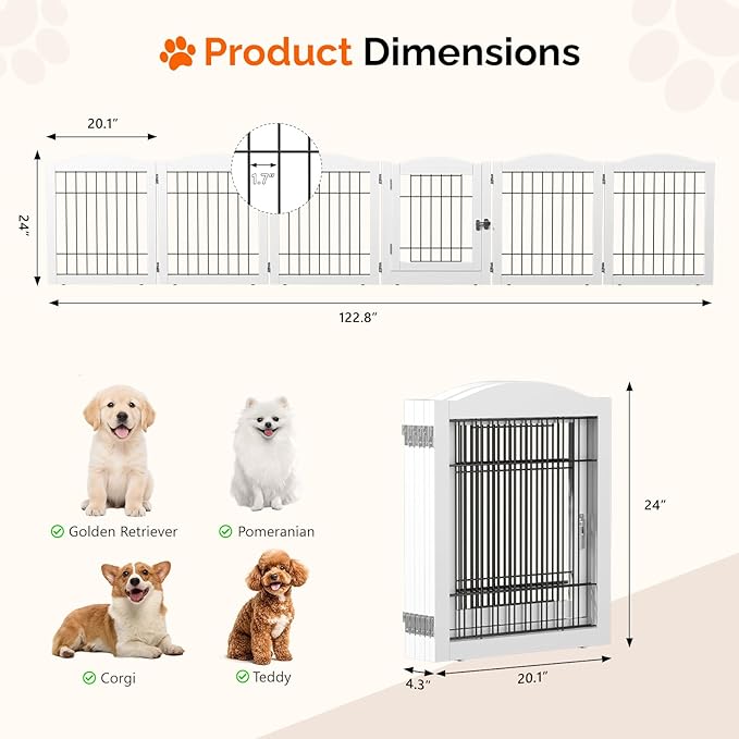 VINGLI Freestanding Dog Gate with Door, Pet Gate with Walk Through Door, Foldable Pet Safety Fence for Stairs Doorways Fireplace (24" H - 6 Panels)