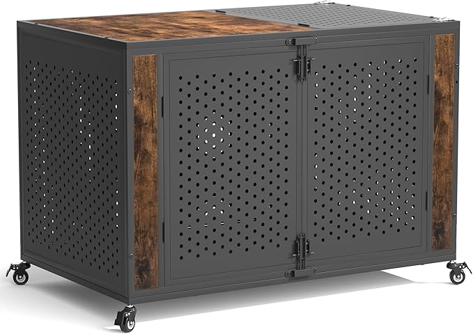 48" Heavy Duty Dog Crate Furniture for Extra Large Dogs, Enclosed Design with 0.5 inch Holes, Indestructible Metal Kennel for High Anxiety Dogs, Chew Proof Pet Cage House Indoor, Brown