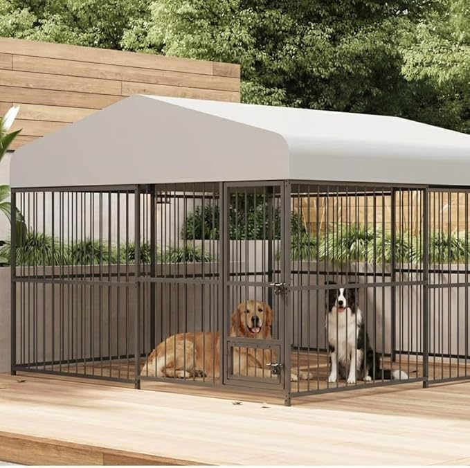 10x10x6 FT Outdoor Dog Kennel with Roof, Heavy-Duty Large Dog Cage with Lock, Waterproof Cover & Bowls, Pet Enclosure for Medium & Large Dogs
