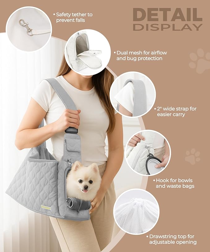 Dog Carrier Sling for Small Dogs, Front Cat Sling & Cats Up to 15 lbs, Dog Purse with Adjustable Strap Front Zipper Pocket, Double Safety Feature, Hands Free for Travel