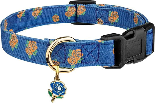 Cotton Handmade Dog Collar Cute and Distinctive Patterns Blue Rose with Pendant for Girl Boy Dogs Collars M