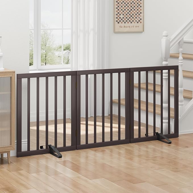 Dog Gates for Doorways, Freestanding Foldable Dog Gate Indoor, Pet Gates for Doorways Bedroom, Puppy Gate with Metal Support Feet, Room Divider 3 Panels (Brown)