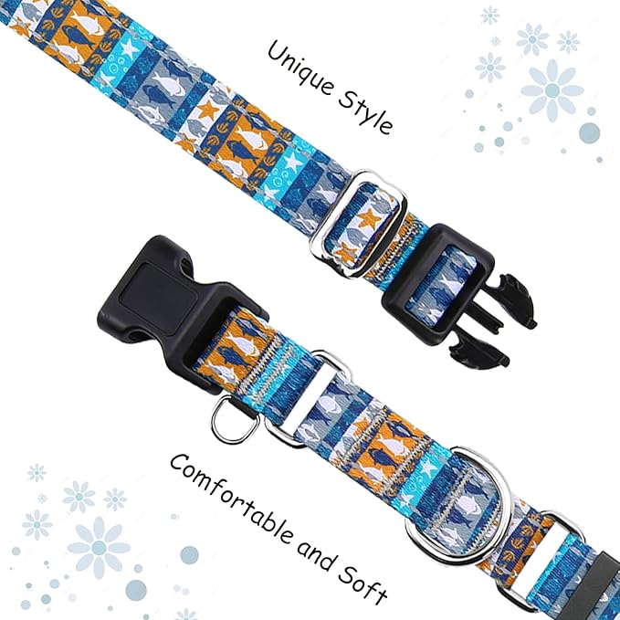 Reflective Martingale Collar with Buckle Shark Starfish Ethnic Stripe Adjustable Designer Dog Collars (Underwater World, Small)