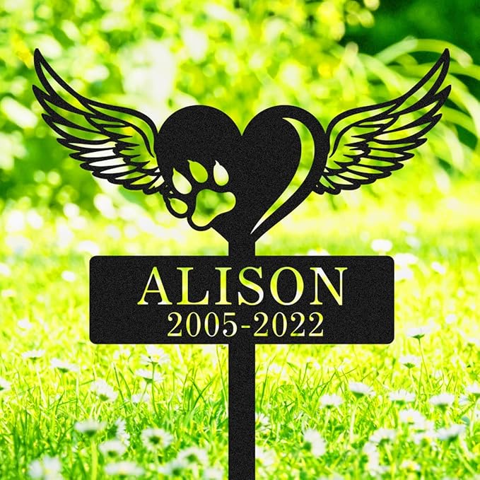 Personalized Metal Dog Memorial Grave Marker with Wings and Paw, Custom Dog Memorial Garden Stake Yard Art Engraved Sign, Customized Pet Memorial Stake Grave Markers Memorial Gift for Dogs