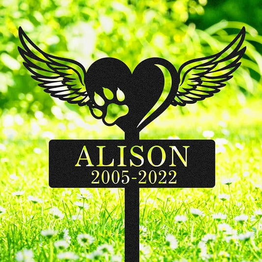 Personalized Metal Dog Memorial Grave Marker with Wings and Paw, Custom Dog Memorial Garden Stake Yard Art Engraved Sign, Customized Pet Memorial Stake Grave Markers Memorial Gift for Dogs