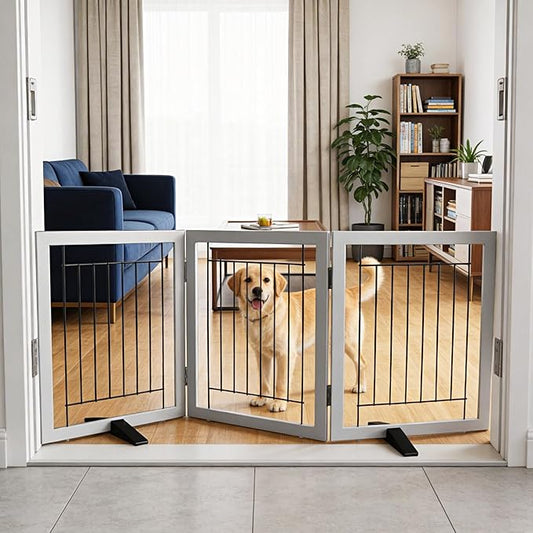 ZJSF Freestanding Dog Gate Indoor, Foldable Dog Fence for Doorways,Hallways or Stairs, Sturdy Wood Extra Wide Pet Gate with Support Feet,Grey,24 "Height-3 Panels