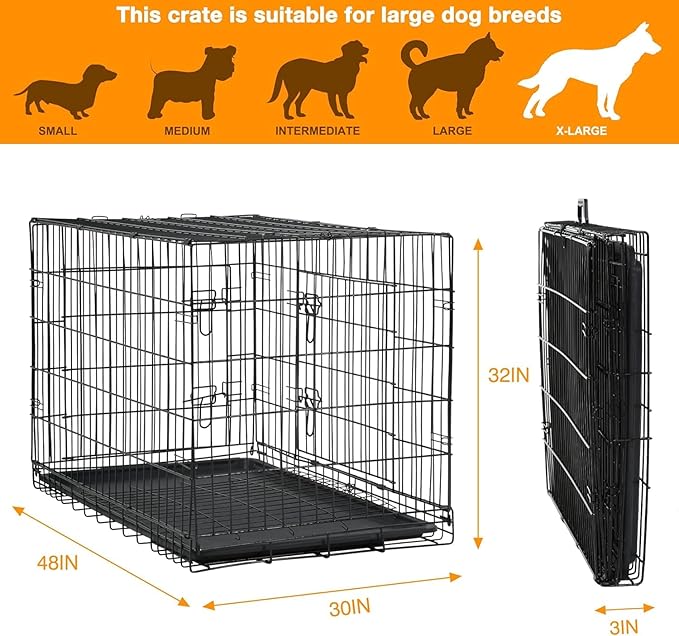 48 Inch Dog Crates for Large Dogs Folding Dog Cage Metal Wire Crates Portable Pet Kennels Outdoor and Indoor Pet Dog Cage Crate with Double-Door, Divider Panel, Removable Tray, Black